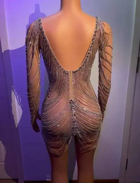 Frauen Tänzerin Sexy Kleid Glänzende Silber Kristalle Ketten Langarm Strass Kleid Abend Geburtstag Transparent Mesh Outfit