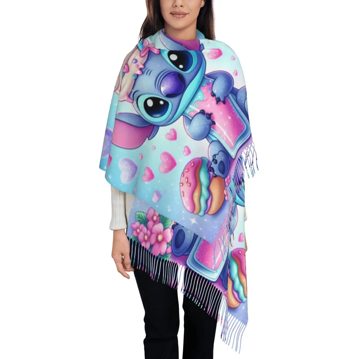 

Custom Cartoon Stitch Tassel Scarf Women Soft Shawl Wrap Female Winter Scarves