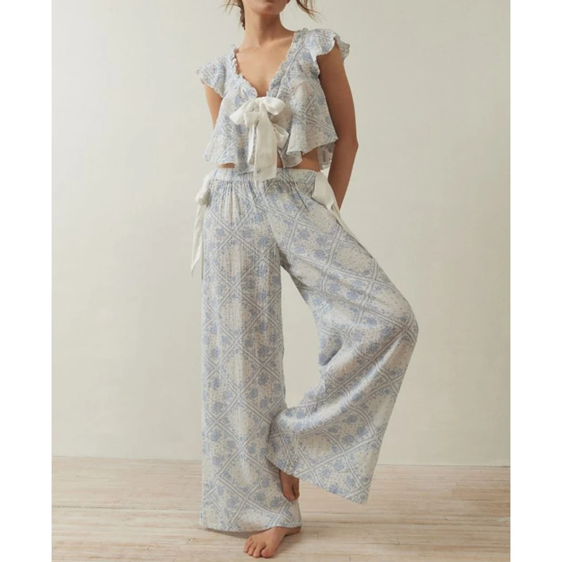 

Combhasaki Women Floral Print 2Pcs Loungewear Pjs Set Fly Sleeve Front Bow Tied Ruffle V-Neck Crop Tops+Elastic Waist Long Pants