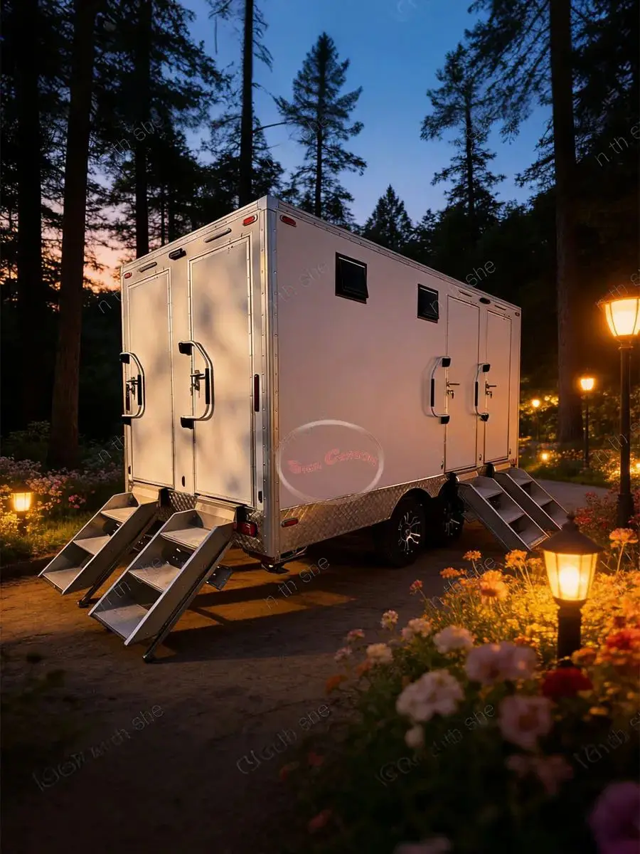 

Outdoor Portable Toilet White Main Body with Wheels for Easy Towing And Four Convenient Compartments