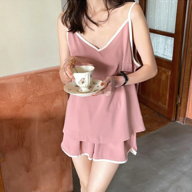 

Women Pajama Sets Sleeveless Tops and Shorts Patchwork Sexy Female V-neck Sleepwear Home Lounge Korean Style High Quality Loose