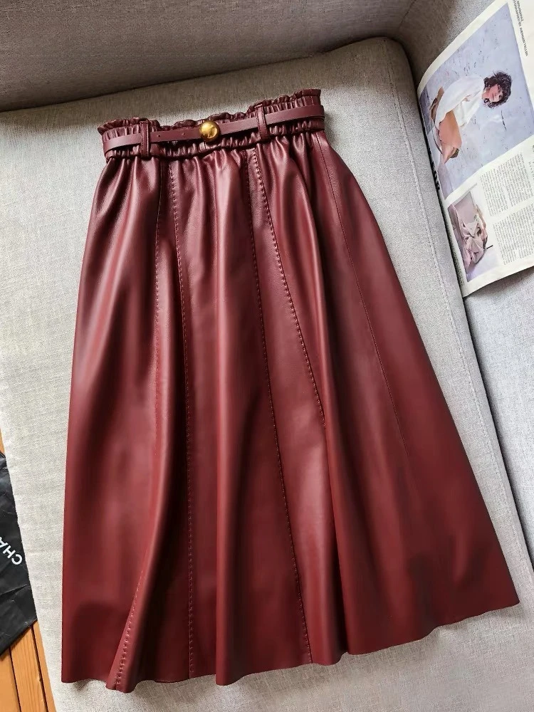 Long Leather 77cm Skirt Woman Spring New Real Leather Arch Needle Belt Big Hem Umbrella Faldas Largas Burgundy Woman Clothes
