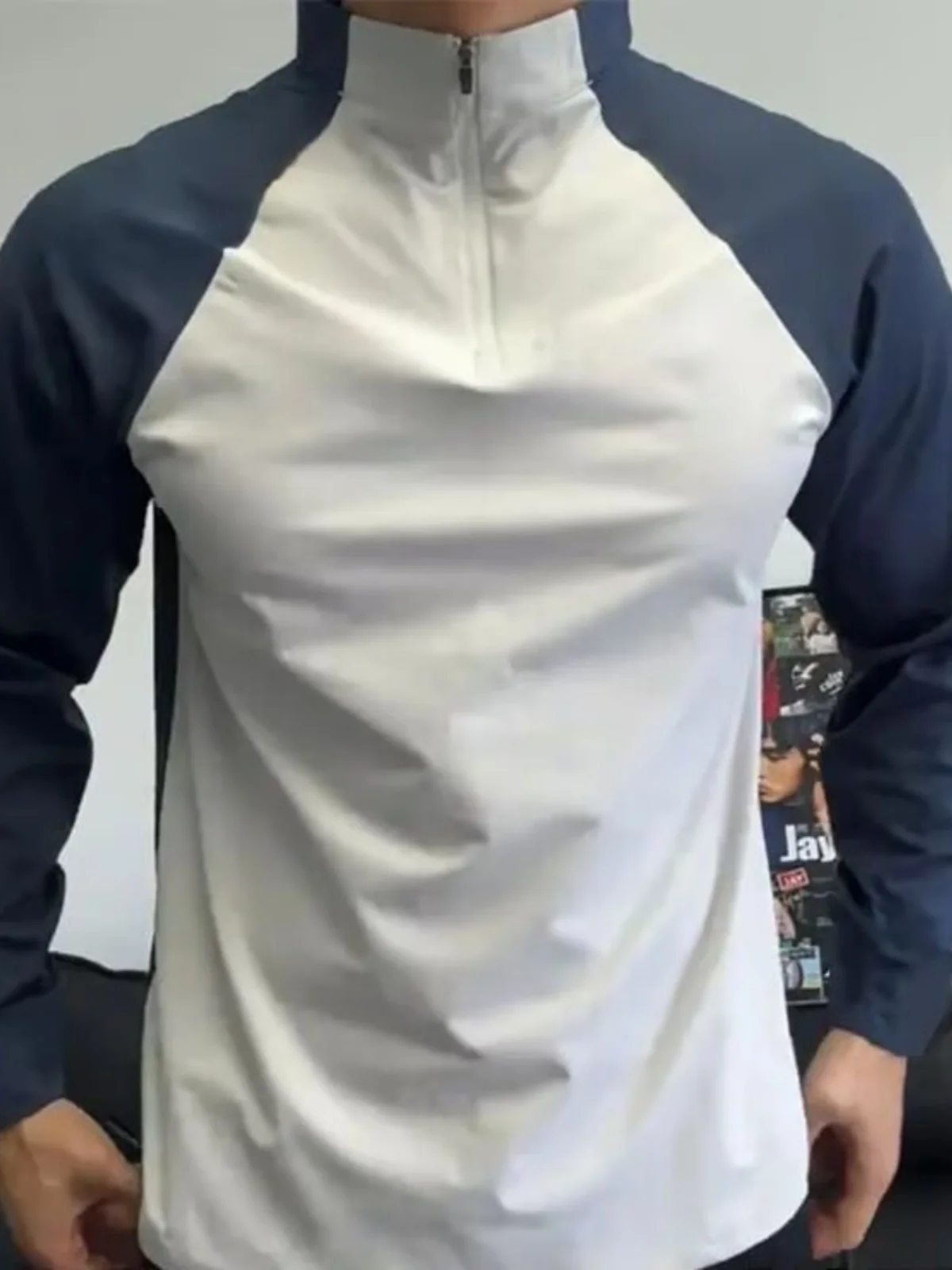 American Style Long Sleeve Fitness T-Shirt Men's Tight Elastic Half Zip Running Spring Autumn Basketball Training Cycling Wear