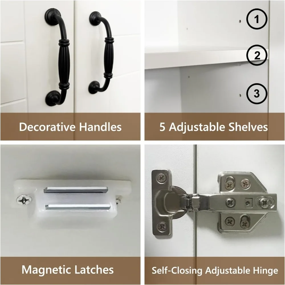 Mueble de almacenamiento/muebles de despensa, acabado blanco suave, armario de madera de 71" de alto con 2 puertas y 3 estantes ajustables para cocina