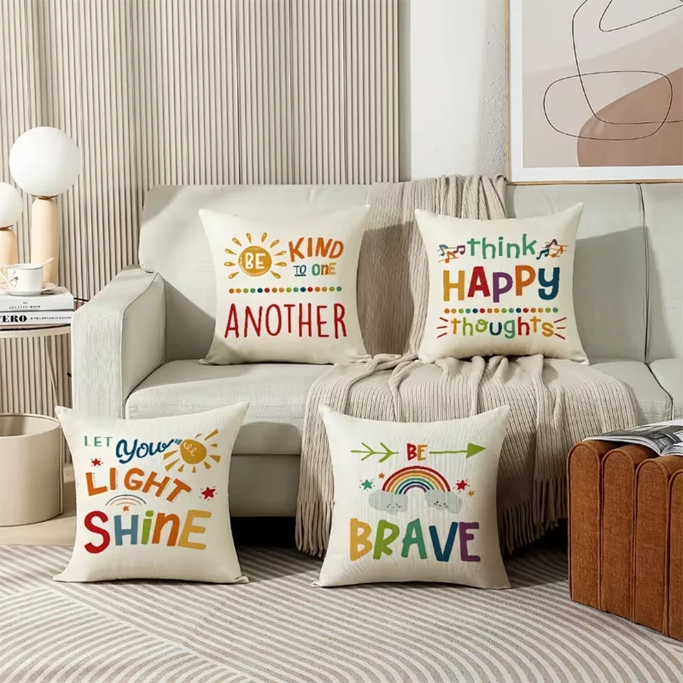 4PC Inspirational Quote Throw Pillow Covers Set Be Kind To One Another Think Happy Thoughts Light Shine Be Brave Decor