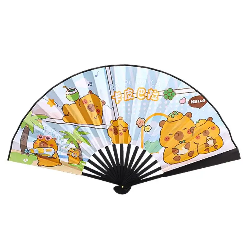 

Guofeng 10-Inch Large Cartoon Fabric Folding Fan Portable Cool Hand Fan for Summer Travel Silk Printed Bamboo