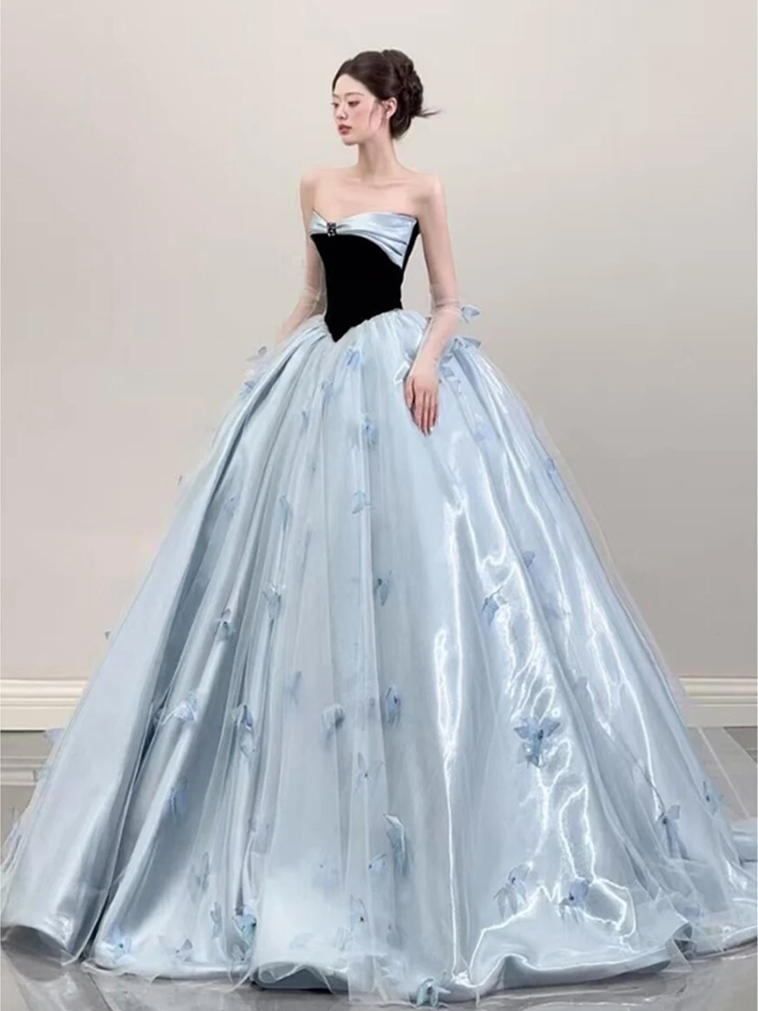 

Вечернее платье Ele для женщин, без бретелек, для выступлений, художественных экзаменов, ведущих, длинное, с цветочным узором, со средней талией, в корейском стиле, для свадебных торжеств