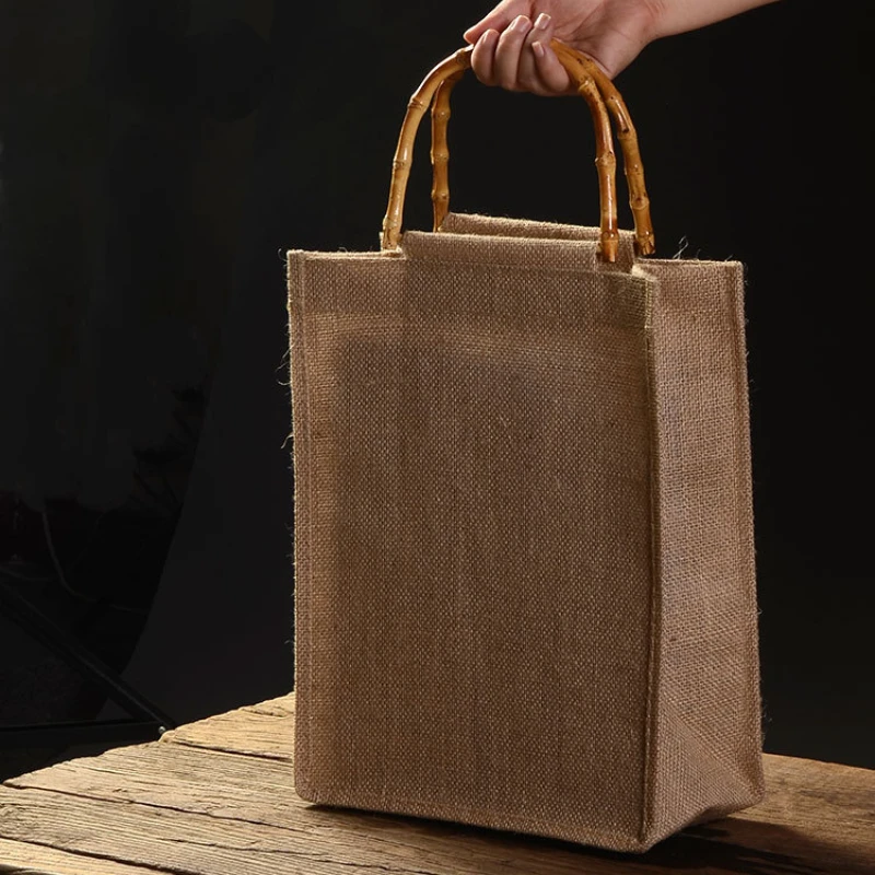 Linen Tote Hand Bags for Women Bamboo Handle Purses and Handbags Ladies Simple Daily Hand Bag