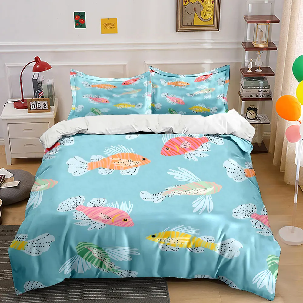 Colorful fish pattern background Duvet Cover Set Digital Print Colorful Polyester Bedding with Zipper Closur for kids gifts