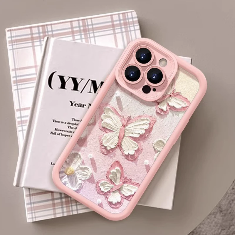 Simple Oil Painting Butterfly INS Blue Pink Phone Case For iPhone 16 15 14 13 12 11 Pro Max XR XS MAX 7 8 PLUS MINI Y2K Cover ﻿