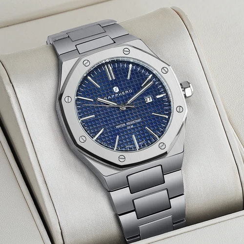 Reloj SAPPHERO para hombre, correa de acero inoxidable, diseño resistente al agua, calendario automático, regalos festivos, exquisito reloj con caja de regalo