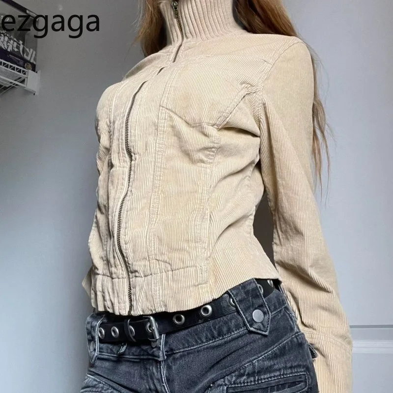 

Ezgaga Jackets Women Vintage Pockets Zipper Stand Collar Sexy Y2k Harajuku Solid Grunge Autumn Winter Fashion Coats Casual
