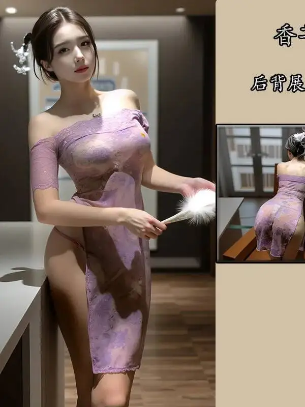 Sexy Lace Purple Cheongsam Dress Backless Deep V Short Sleevess Shoulder Leakage Transparent Flower Print Dress Pure Desire Q6W6