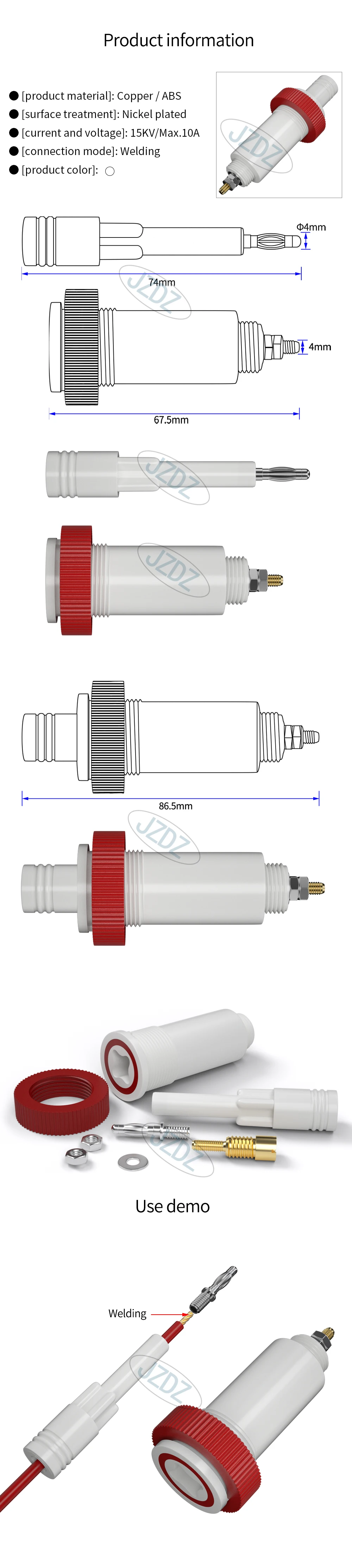 JZDZ 1 Paar 4 mm Bananen-Kreuzbuchse, Messingkern, 10 kV Hochspannungsanschluss, Stecker und Buchse J50039 – Detail 1