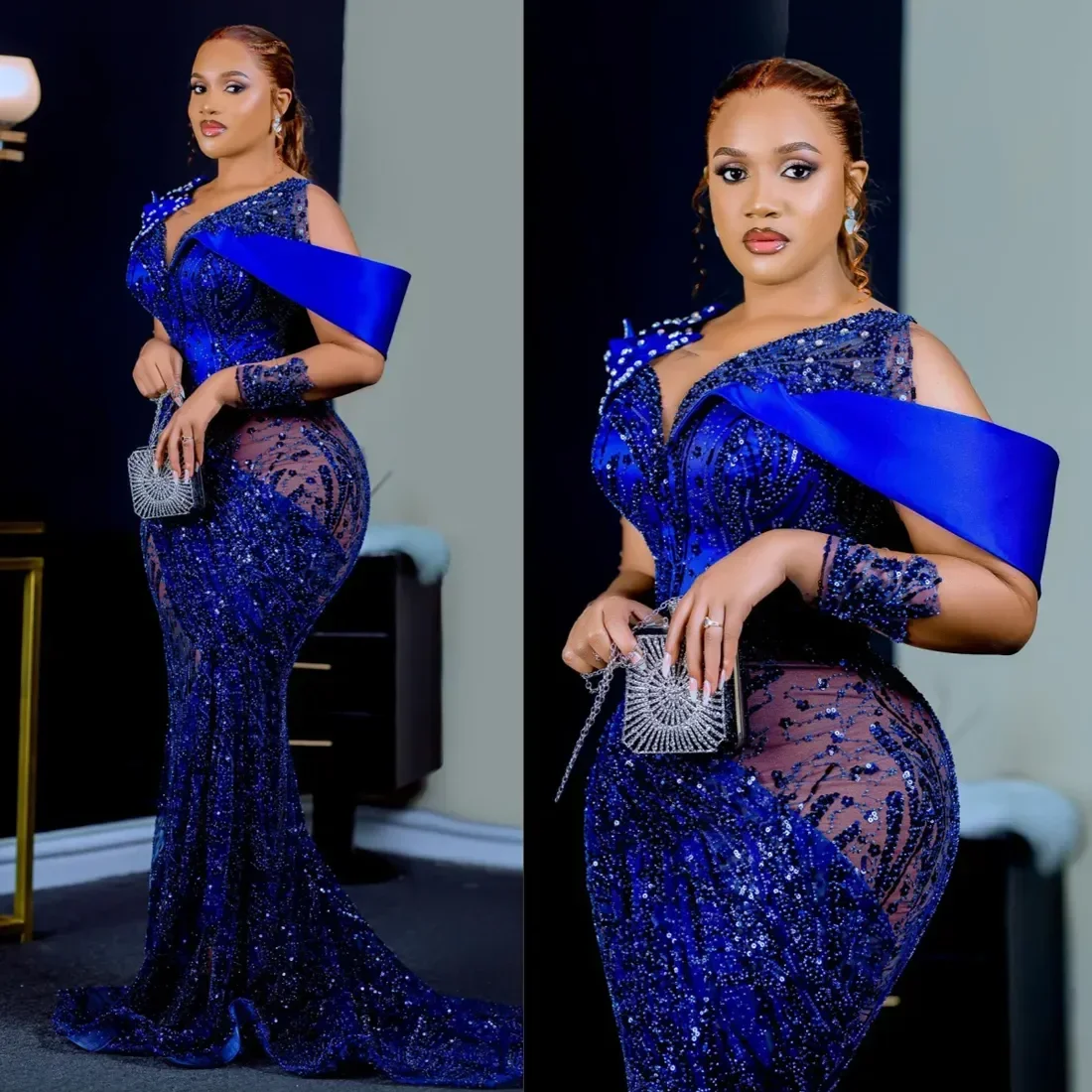 

Customized Luxury Royal Blue Mermaid Crystal Beaded Aso Ebi Ball Dress Lace Long Sleeve Formal Sexy Tight Party Evening Dress