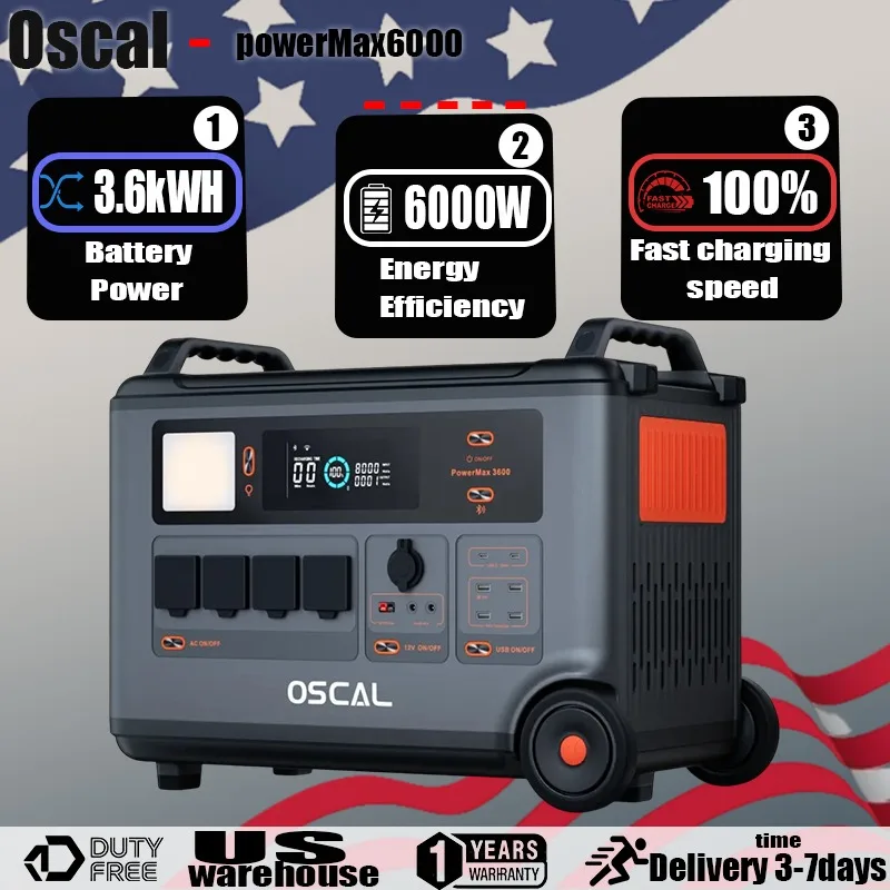 محطة طاقة محمولة Oscal PowerMax 6000 4 X AC (إجمالي 6000 وات) بطارية 3.6 كيلو وات في الساعة بنك طاقة متنقل للطوارئ للتخييم في الهواء الطلق #1