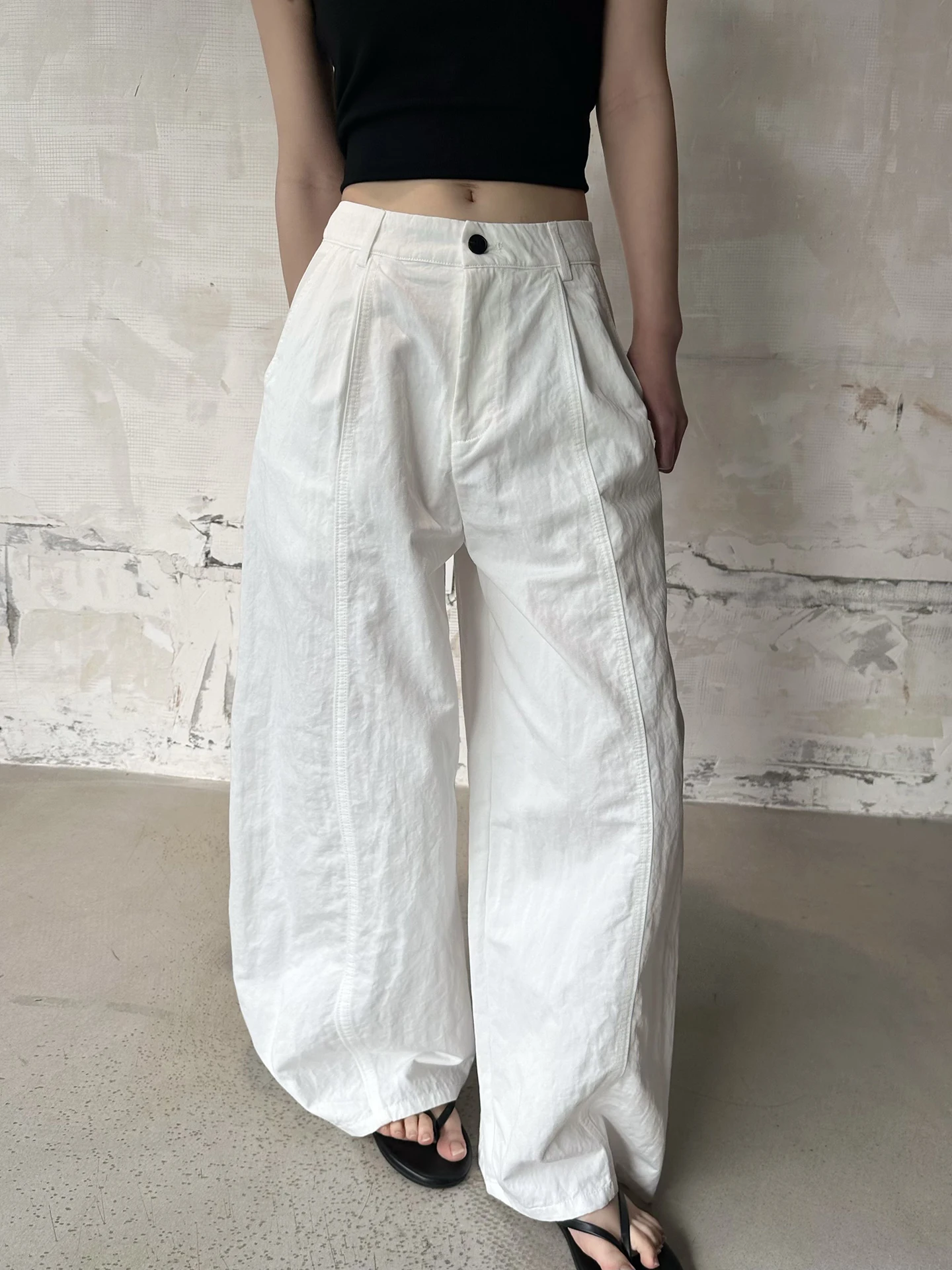 

High Waist Wide Leg Pants Women's Casual Loose Fit Straight Cut Trousers White Comfortable Breathable Cotton Nylon Blend