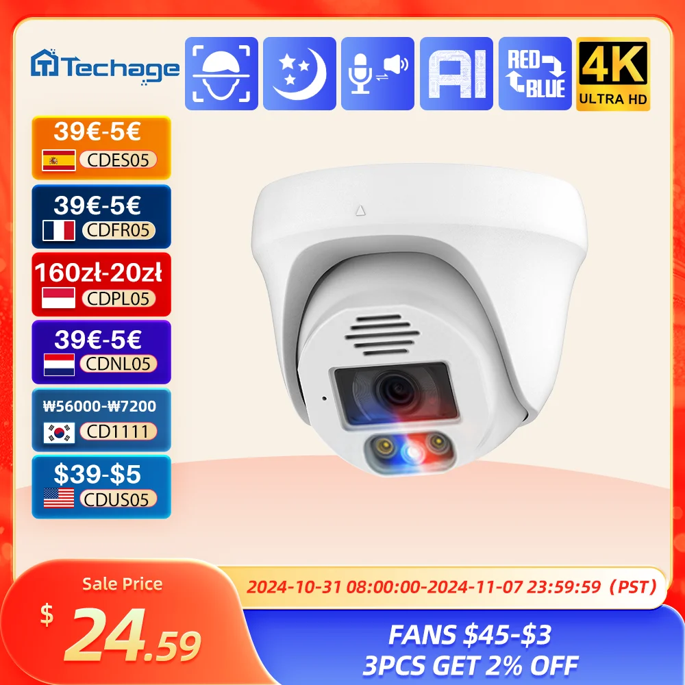 

Techage 8MP Indoor PoE IP Camera Two Way Audio Color Night Vision Motion Detect Red Blue Light Alert for PoE NVR Kit CCTV System