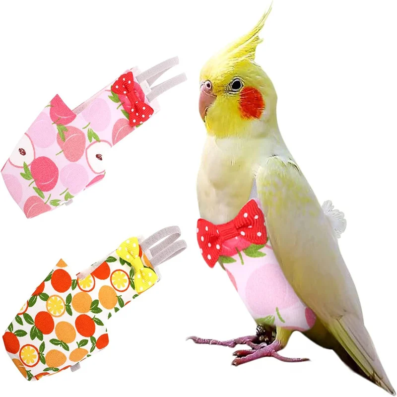 Parrot Diaper with Bowtie Cute Colorful Fruit Floral Cockatiel Pigeons Small Medium Large Pet Birds Flight Suit Clothes Washable