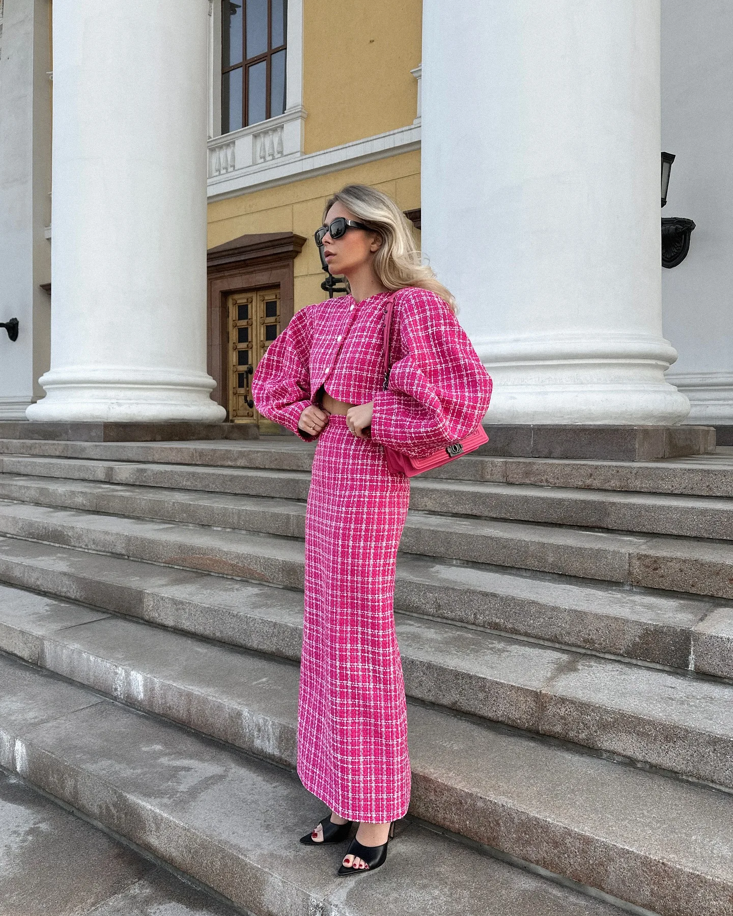 

Fashion Grid Skirt Outfit Spring Women Single Breasted O Neck Coat+High Waist Straight Knee Length Skirt Autumn Two Piece Set