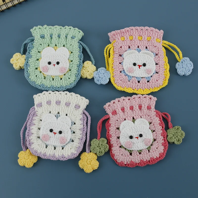 Handmade Crochet Bunny Drawstring Pouch Cute Knitted Coin Purse with Flower Pendant Small Storage Bag for Earphone Jewelry Gift