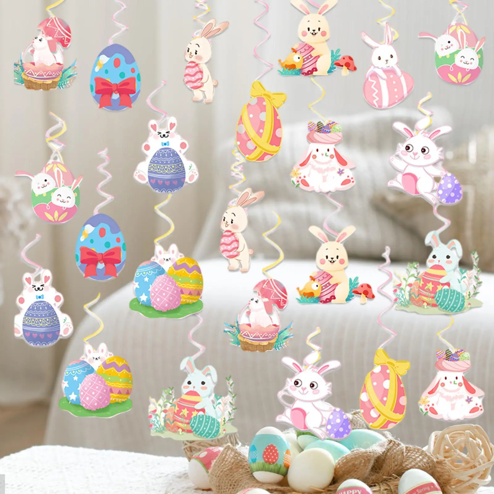 Set of 24 Easter Egg Bunny Hanging Swirl Decoration Ornament Spring Decoration for Tree Decor Multifunctional Cute Accessories