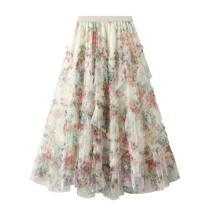 Saia de tule com estampa vintage para mulheres, saia longa em camadas, malha linha A, saia tutu feminina estilo palácio, outono e inverno