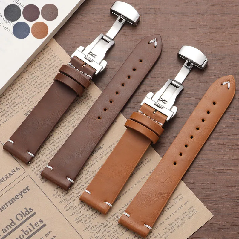 レザー時計バンド 18mm 20mm 22mm 牛革ストラップ バタフライバックル クイックリリースブレスレット セイコー用 ロレックス用 オメガ用 リストバンド