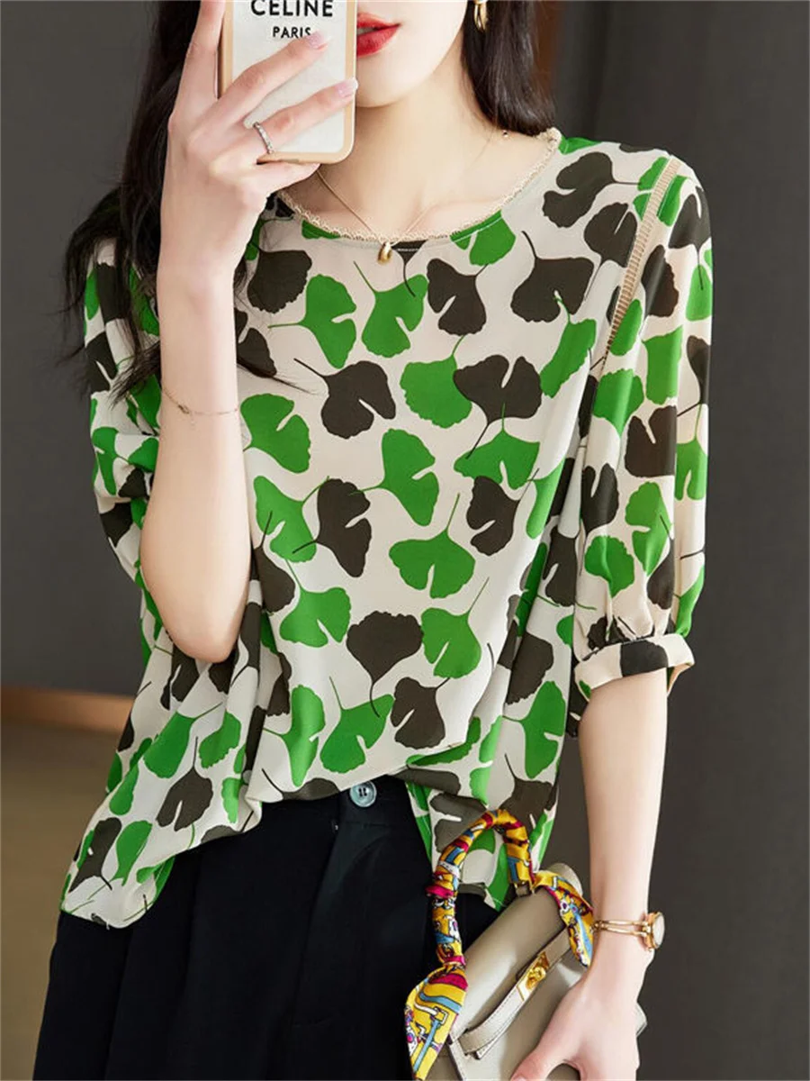 

5XL Women Spring Summer Blouses Shirts Lady Fashion Casual Short Sleeve O-Neck Collar Leaf Printing Blusas Tops TT2221