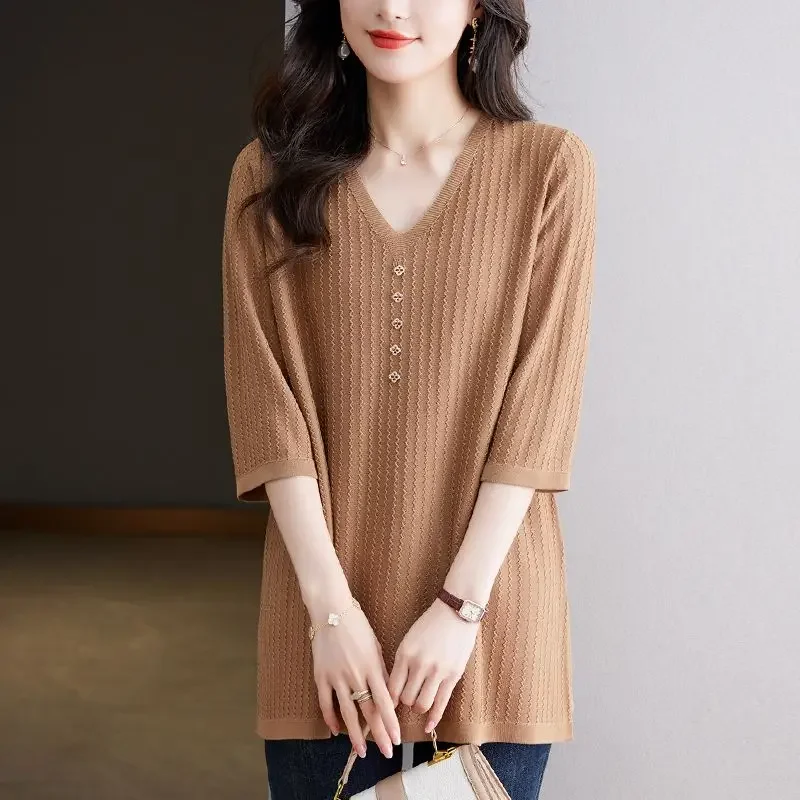 

Mid-length Ice Silk Short-sleeved T-shirt Women's Loose New Large Size Belly-covering Slimming V-neck Versatile Thin Knit Top