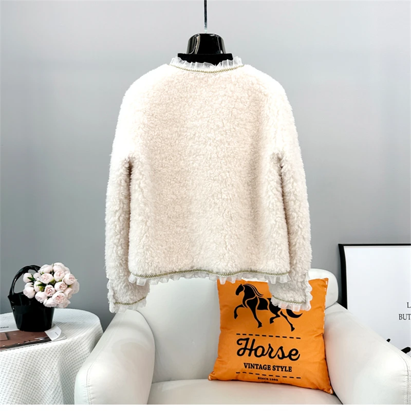 Women Lady Real Wool Fur Lace Jacket Female Girl Sheep Shearling Warm Winter Sweet Coat Parka JT3391