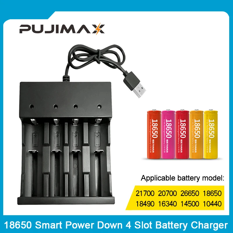 

PUJIMAX 18650 battery charger LED 4-slot Smart charging 26650 21700 14500 26500 22650 26700 Li-ion Rechargeable Battery charger