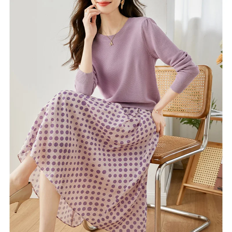 Vimly Koreaanse Mode Outfit Tweedelige Rok Sets Voor Vrouwen Lente 2023 Nieuwe Paars Gebreide Trui Polka Dot Rokken Kleding v7759