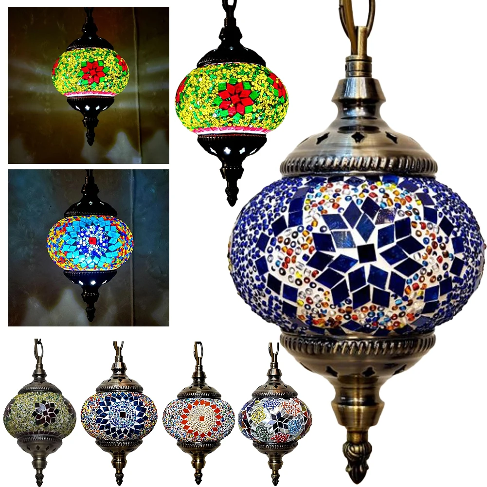 Turkish Moroccan Mosaic Hanging Ceiling Lamp E27 Decorative Glass Globe Fixture Romantic Restaurant Club Single Head Chandelier