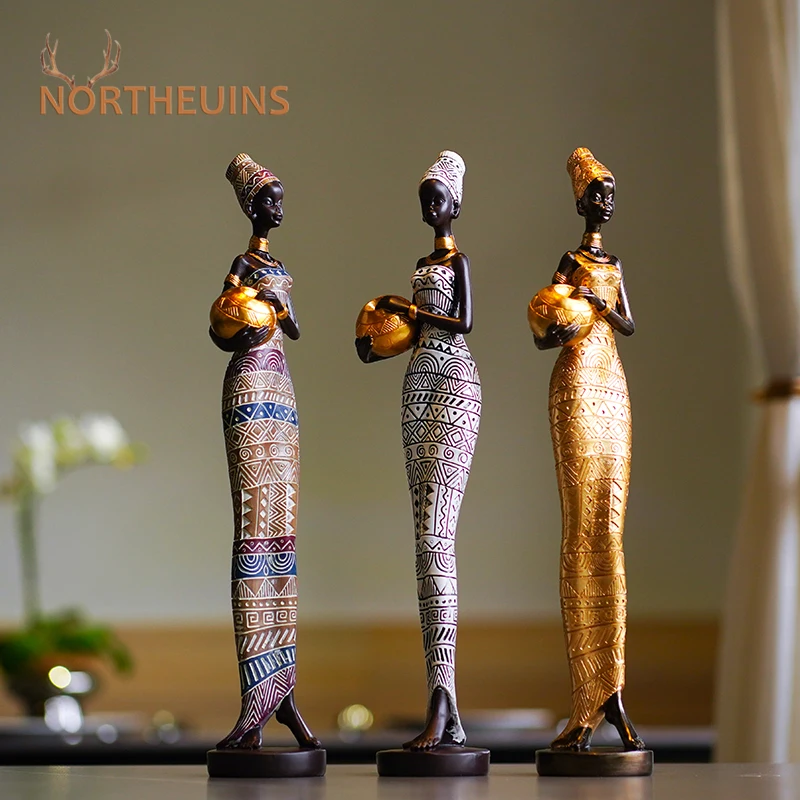 

NORTHEUINS Resin Exotic Black Woman Decorative Ornaments African Figurines Home Living Room Bedroom Desktop Decoration Objects