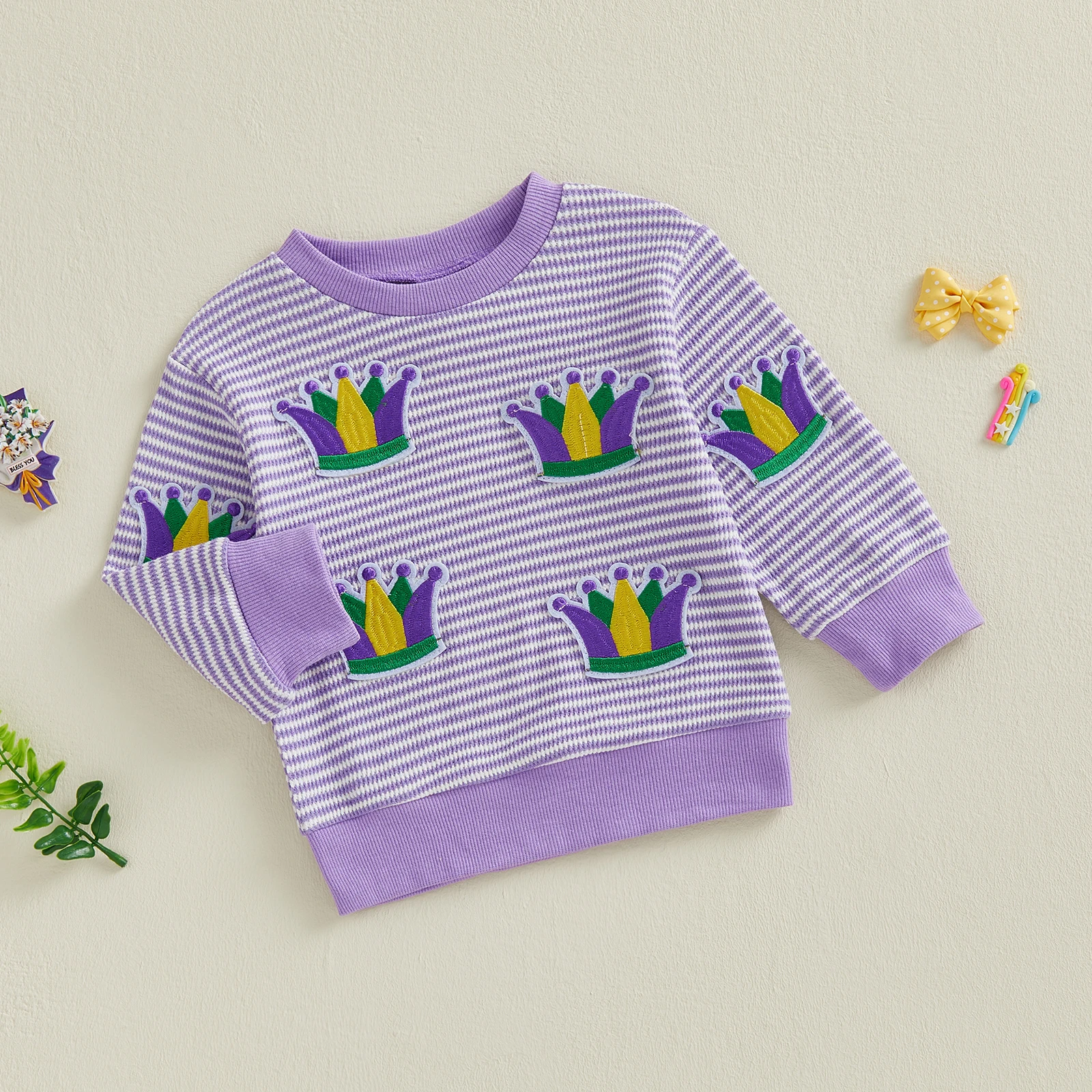 بلوزات كرنفال للفتيات الصغيرات بأكمام طويلة ورقبة دائرية ومطرزة على شكل تاج بلوفر مخطط