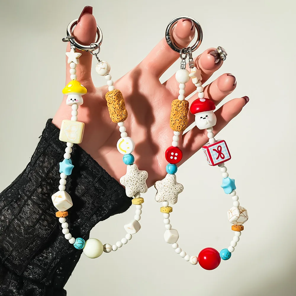 

Cute Little Mushroom Volcanic Stone Phone Strap INS Cartoon Handmade Beaded Bag Charm Camera Decoration Anti-lost Lanyard