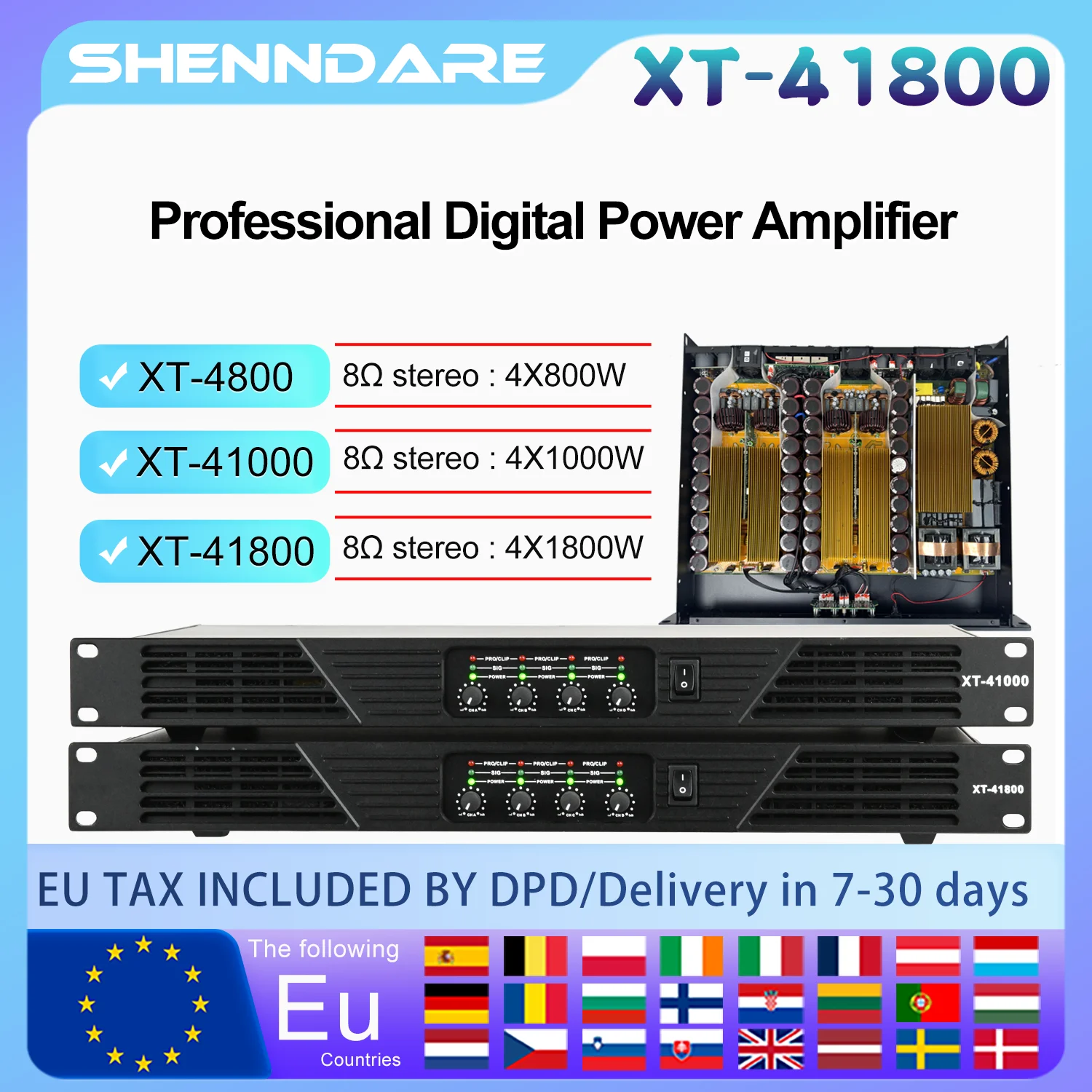 

ShennDare XT-41800 4x1800 Вт 8 Ом Профессиональный цифровой усилитель мощности 4-канальный линейный массив акустических систем Предусилитель сабвуфера DJ 4x2800 Вт 4 Ом Класс D 1U Усилитель звука