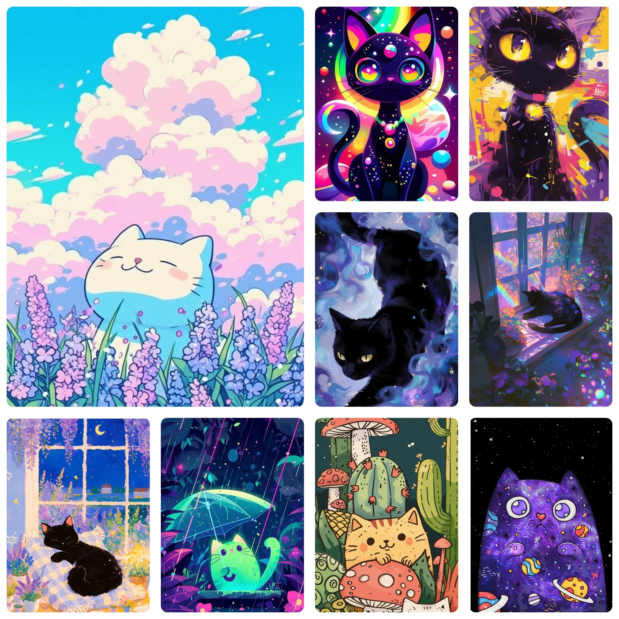 DIY Cosmic Black Cat Diamond Painting, Colorful Starry Floral Scene For Living Room Wall Decoration Handmade Gift