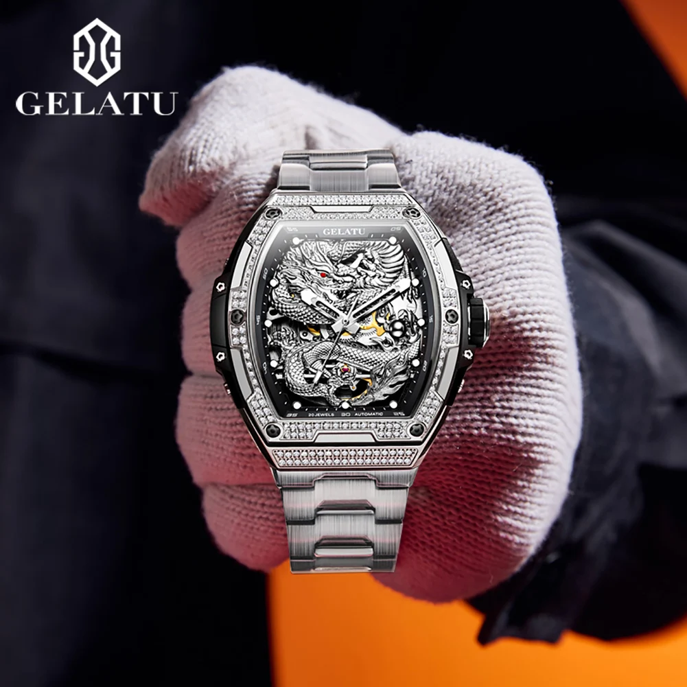 GELATU 6021 Top Luxury Brand Mens Watches Skeleton Automatic Mechanical Wristwatch For Man 50M Waterproof Luminous Diamond Dial