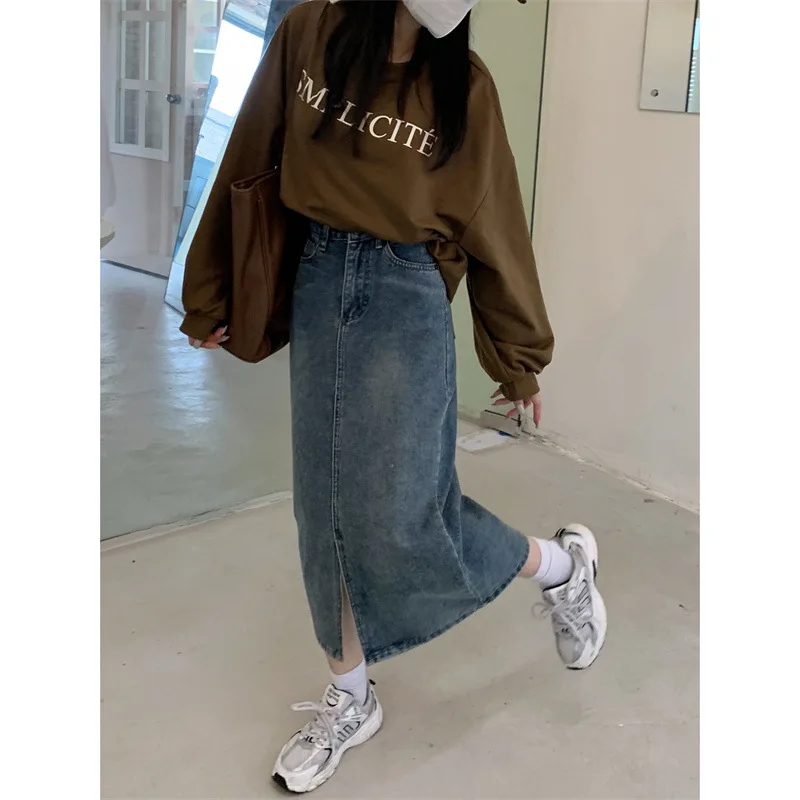 

2025 High Waist Denim Skirt for Women, A-Line Slit Midi Length, Slimming All-Season Stretch Mini Skirt