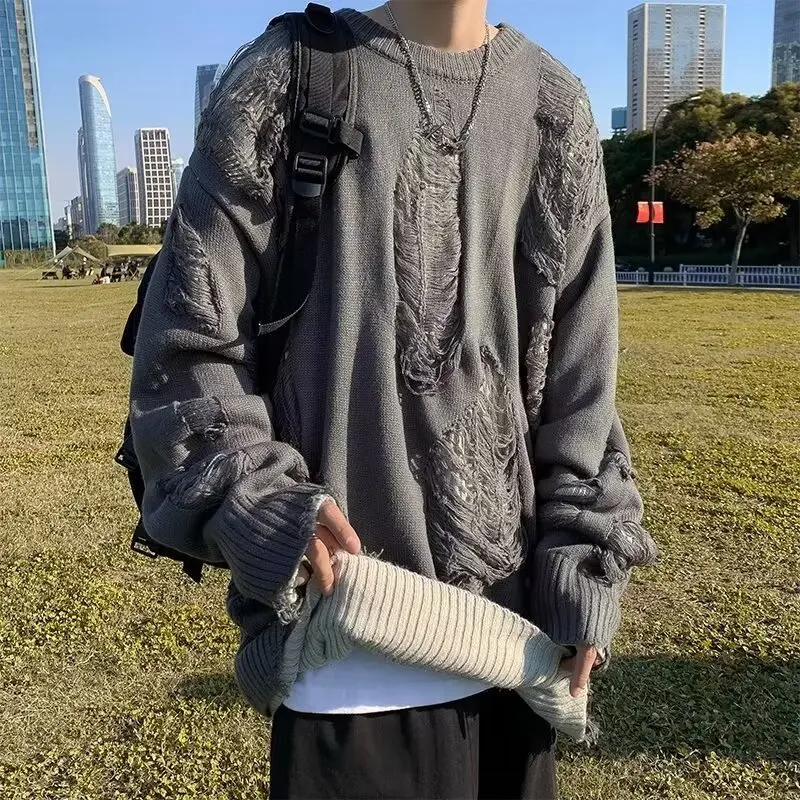y2k Loose Fit Hole Sweater Mens Autumn Vintage Design Casual Long Sleeve Knit Tops High Street Fashion Pullover Knitwear Male