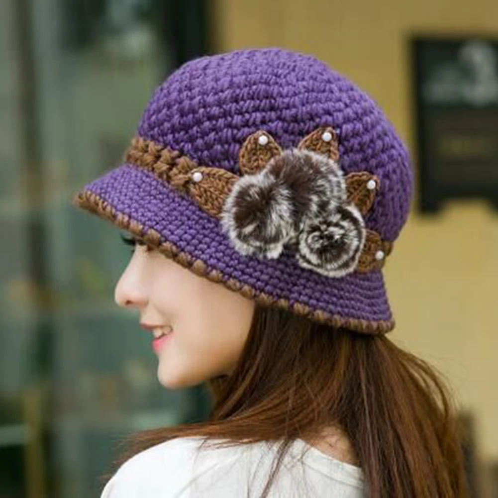 Women Winter Knit Beanie Hat Crochet Hat With Floral Accents Stylish Ruffle Edge Elegant Distinctive For Daily Casual Outing