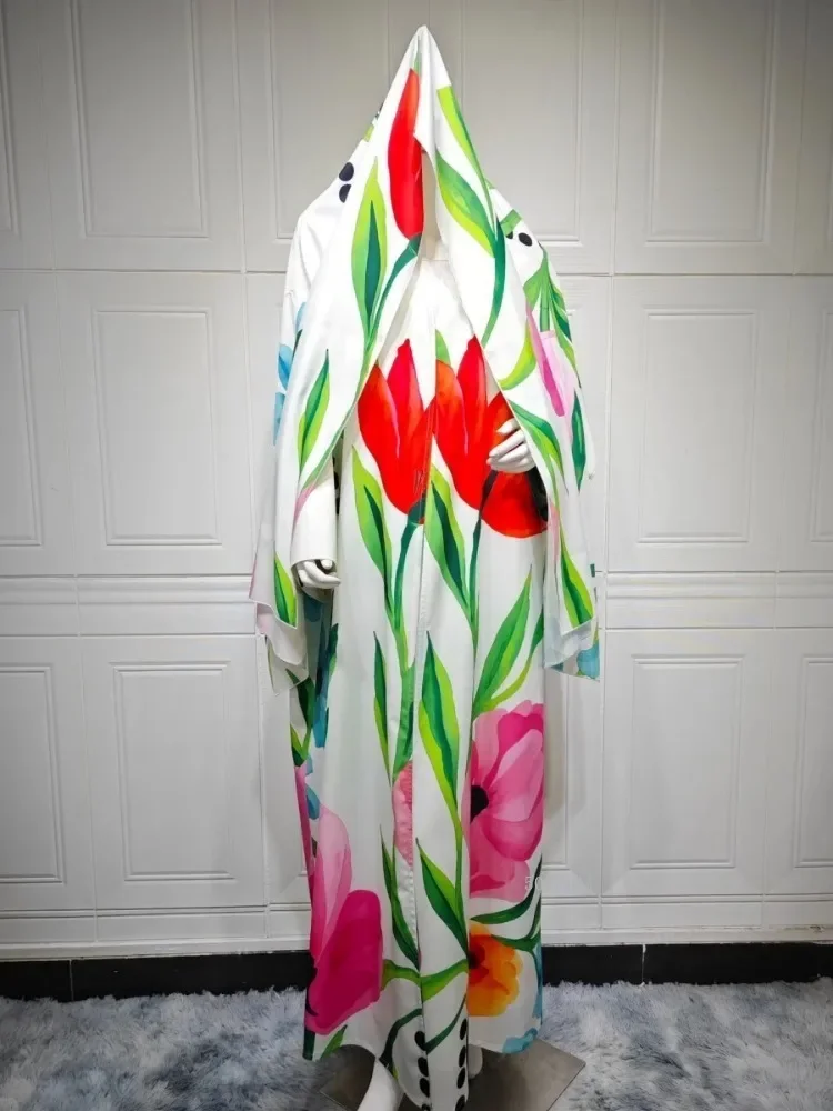 Dubai Floral Print Open Abaya Muslim Elegant Casual Kaftans Hijab included Cardigan