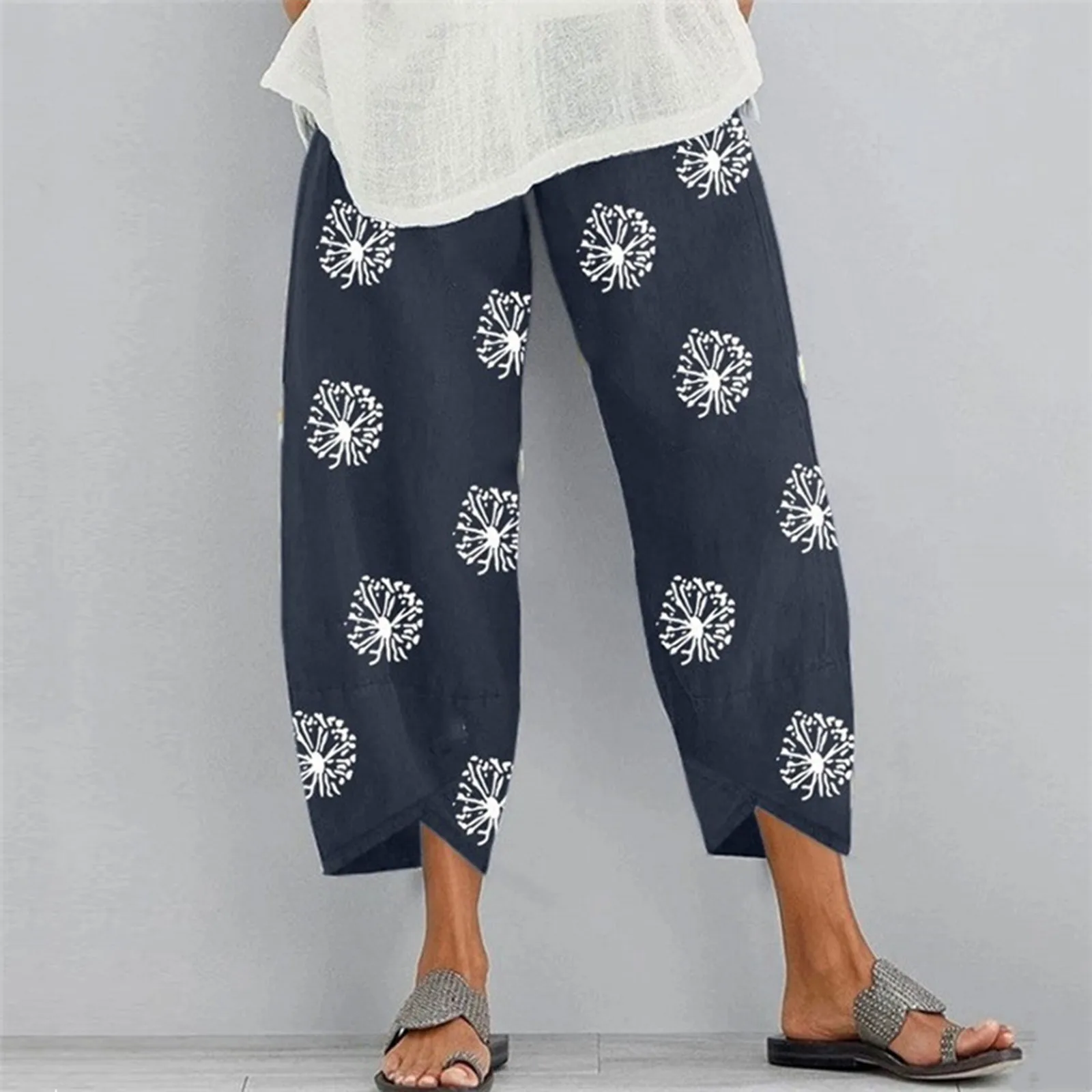 

Large Size Women's Casual Pants Spring Summer Cotton Linen Elastic Waist Pants Fashion Flower Printed Wide Leg Nine Minute Pants