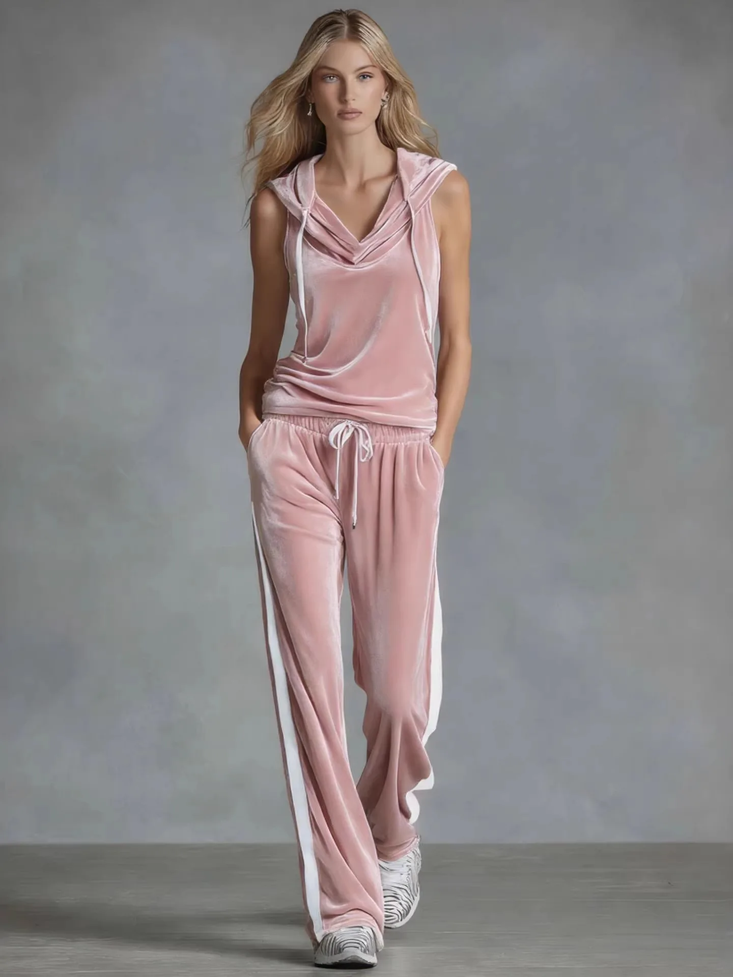 

Comfortable Women's Velvet Two-Piece Set with Hood High Waist Long Pants Sleeveless Spring Fashion Casual Outfit