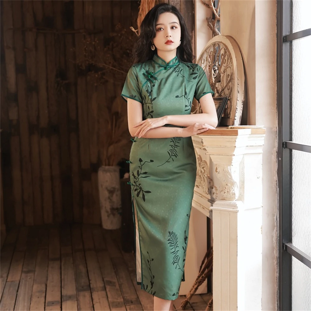 Long Chiffon Cheongsam Vintage Old Shanghai Green Printed Dress Summer Daily Elegant Chinese Traditional Banquet Qipao Chinoise