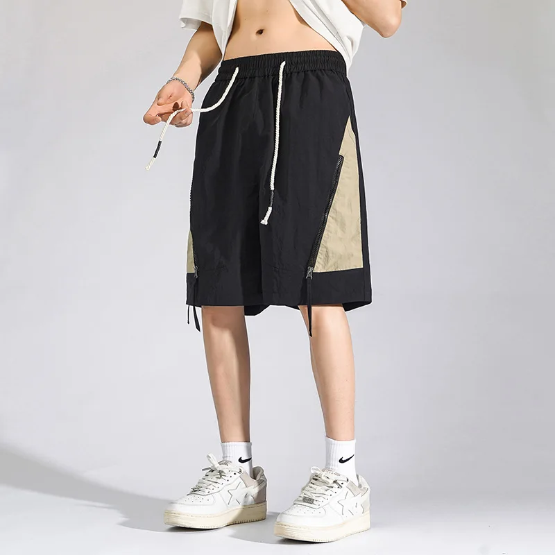 Fashion Spliced Knee Pants Summer New Korean Loose Straight Men\'s Clothing American Retro Elastic Drawstring Basic Casual Shorts