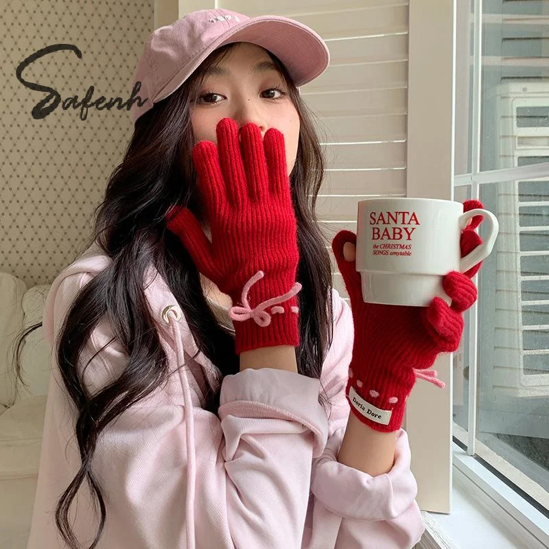 

Women Knitted Bow Gloves Winter Warm Touch Screen Gloves Fullfinger Kawaii Japanese Jk Cycling Mittens Y2k Accessories