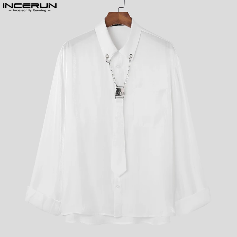 INCERUN Tops 2024 American Style New Men Fashion Bright Chain Tie Design Shirt Casual Male Solid Long Sleeved Lapel Blouse S-5XL